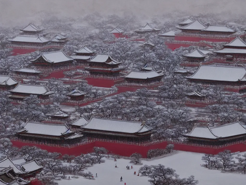 Image similar to forbidden city on snow mountain, highly detailed, cinematic landscape ， on a snowy day, oil painting style, by xu beihong