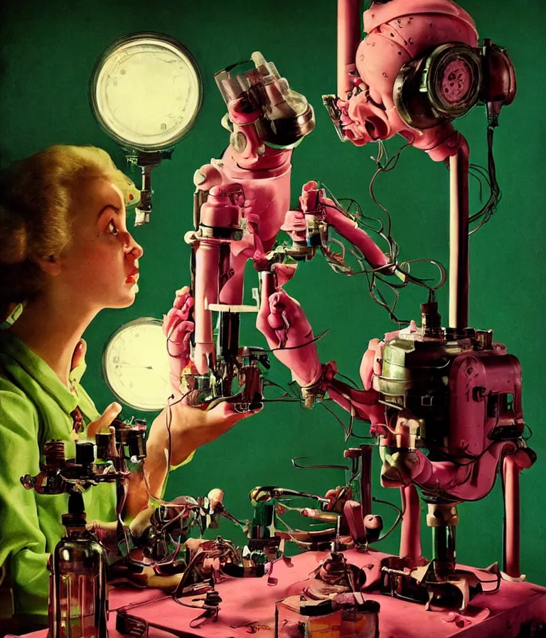 Image similar to a female mad scientist woman building a humanoid robot - man, in a darkly lit laboratory room, 1 9 5 0 s horror movie poster style, ( norman rockwell oil painting ), tight shot, close - up shot, retro science fiction, vintage, saturated pink and green lighting, shadowy lighting, cohesive