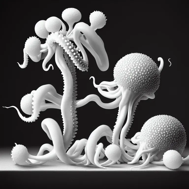 Image similar to still life of white flowers on a table, white alien squid, white octopus, , surreal alien ribbed white fruit, white human spine, baroque painting, beautiful detailed intricate insanely detailed octane render trending on Artstation, 8K artistic photography, photorealistic, chiaroscuro, Raphael, Caravaggio beautiful BW monochrome