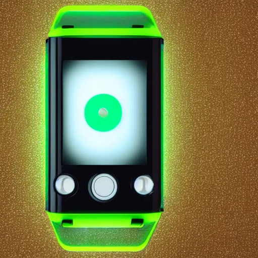Prompt: an ultra high definition cycles 3D render of a floating chunky green transparent plastic mobile phone modelled after a walkie-talkie at an angle with an e-ink screen inspired by a g-shock watch. Emissive screen and indicator lights, bloom, volumetric shadows