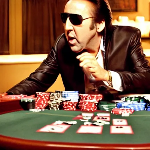 Image similar to nicolas cage as elvis presley playing the guitar over a poker table