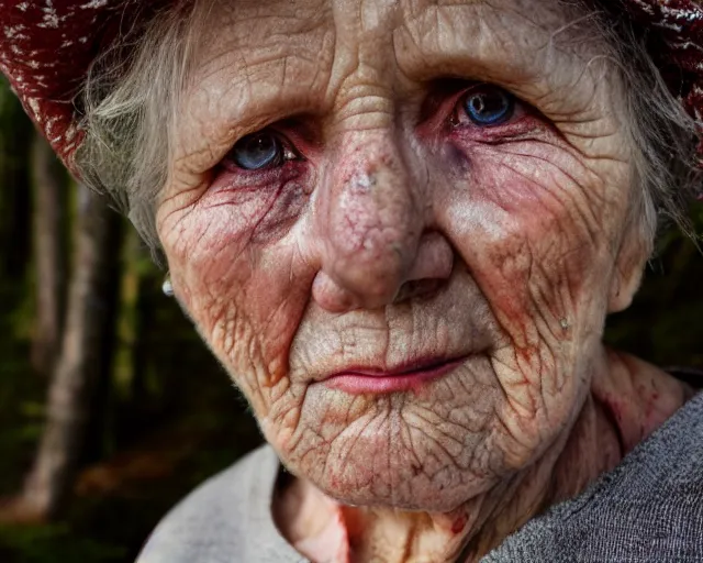 Image similar to close up portrait of an old woman with sinister face and dirty clothes standing outside of an old cabin, forest in the background, bokeh, depth of field, dramatic lighting, cinematic, vivid colors, matte painting, vivid color scheme