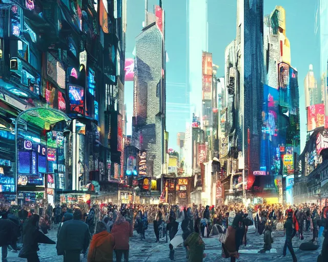 Image similar to a group of people standing in a busy cyberpunk city square, masterpiece!!