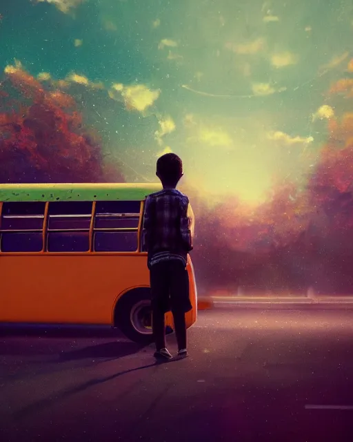 Image similar to boy in a bus looking into the sky, psychedelic trip, cinematic shot, epic composition, fine details, octane render, 8 k, depth of field, concept art, oil painting, digital art, deviantart artstation, extremely detailed, very sharp,