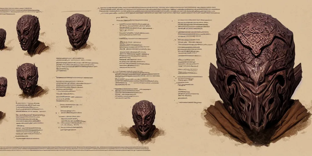 Image similar to wooden cursed mask design, character sheet, Moebius, Greg Rutkowski, Zabrocki, Karlkka, Jayison Devadas, Phuoc Quan, trending on Artstation, 8K, ultra wide angle, zenith view, pincushion lens effect