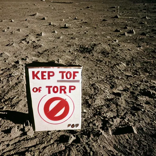 Prompt: a photograph taken on the moon of a sign that says'keep off the grass'