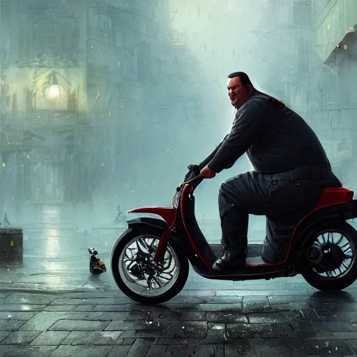 Image similar to obese Steven Seagal riding a scooter, amazing splashscreen artwork, splash art, natural light, elegant, intricate, fantasy, atmospheric lighting, cinematic, matte painting, by Greg rutkowski