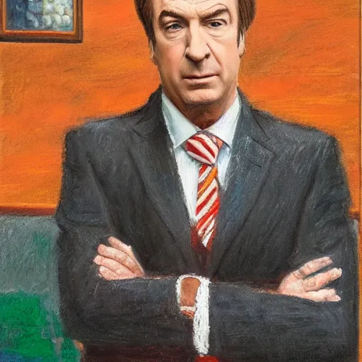 Image similar to an oil painting of saul goodman dressed as a businessman, pastel, art masterpiece, museum, on display