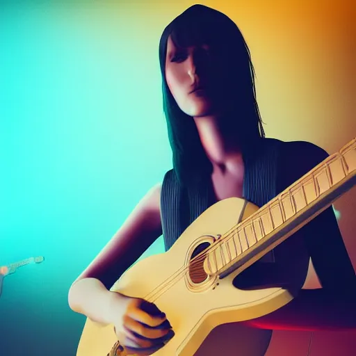 Image similar to women playing guitar, television sets in the background, artstation, details, volumetric light, futuristic, pastel