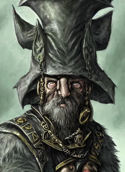 Image similar to a skaven from warhammer with a gray beard, wearing jewelry, tricorne hat, green robe, mean, dark tones, warlock, d & d, digital art, detailed face, highly detailed, trending on artstation, realistic