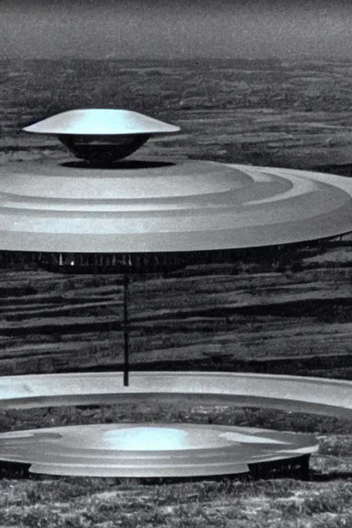 Prompt: still from vhs footage of ufo landing at military base