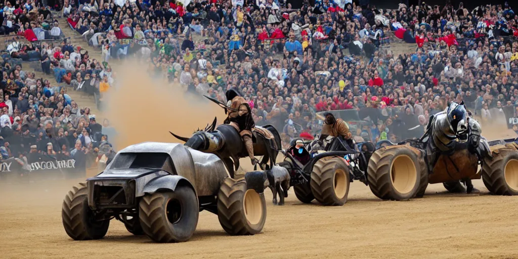 Image similar to medieval cavalry at a monster truck rally