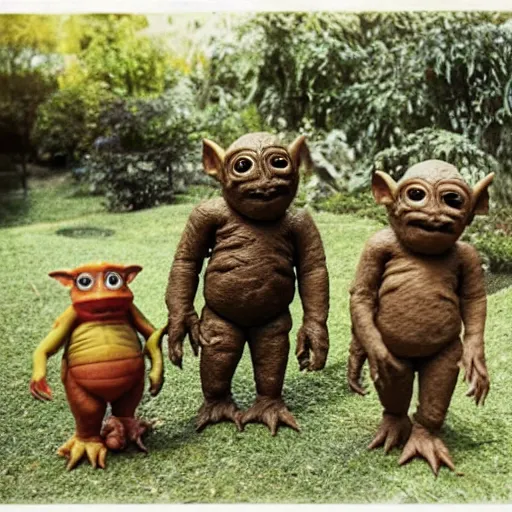 Prompt: autochrome photo of vintage disgusting brown Boglins, plastic goblin monster toys in a backyard garden, kaiju, oni, realistic