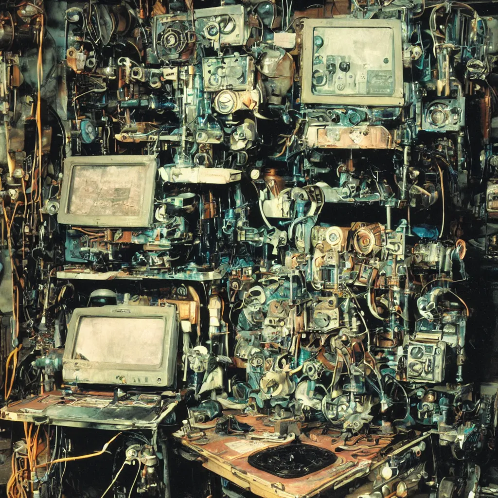 Image similar to 1 9 6 0 s full - color photo of : a complex dieselpunk mechanical metallic personal - computer built in the 1 9 4 0 s, on a workbench inside a greasy factory. its slightly - glowing crt screen is displaying a colorful gui.