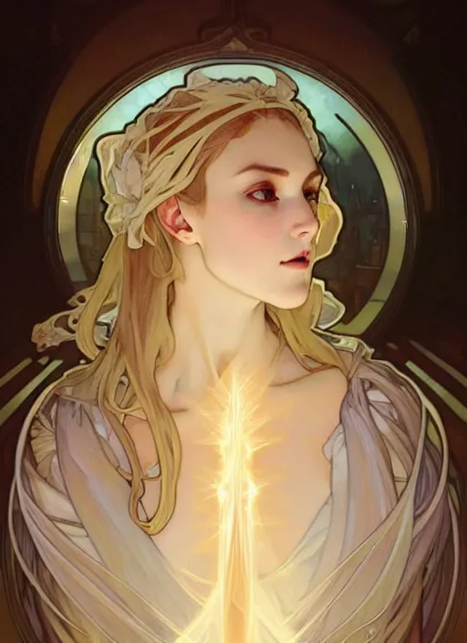 Image similar to a digital concept art by artgerm and greg rutkowski and alphonse mucha. clear portrait of a young wife blessed by god to uncontrollably become overwhelmingly perfect!! blonde, clothed, holy body!! light effect. hyper detailed, character concept, glowing lights!! intricate, elegant, digital painting, artstation, smooth, sharp focus