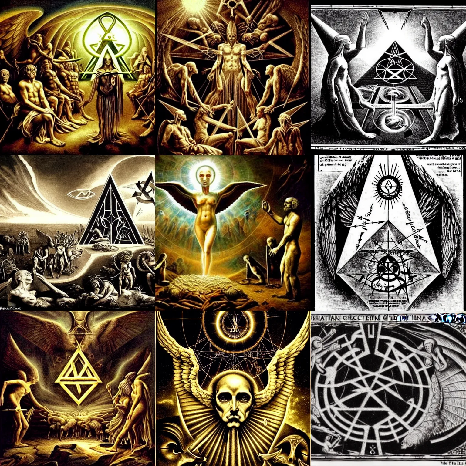 Prompt: the birth of civilization out of the luciferian spirit of distributed cognition, secret illuminati cabal, highly detailed, occult alchemy, dark surrealism