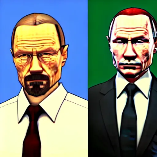 Prompt: walter white and vladimir putin in the style of a gta loading screen