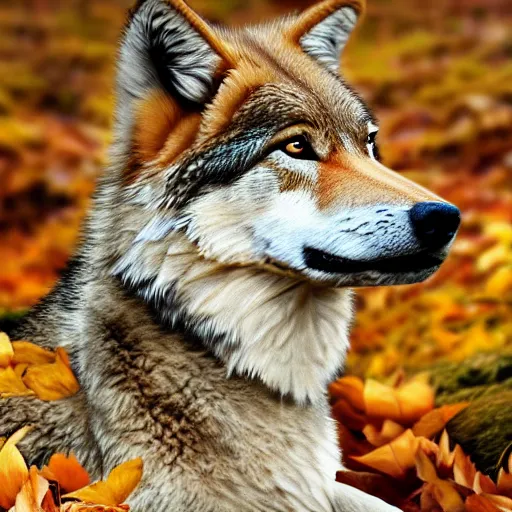 Prompt: professional stylized digital art of a full - body profile of a light brown tibetan wolf, tan accents, fluffy, falling leaves, hd, 8 k, highly detailed, high quality, cute