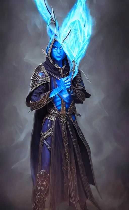 Image similar to legendary dark elf wizard with blue flame staff, highly detailed, d & d, fantasy, highly detailed, digital painting, trending on artstation, concept art, sharp focus, illustration, global illumination, ray tracing, realistic shaded, art by artgerm and greg rutkowski and fuji choko and viktoria gavrilenko and hoang lap