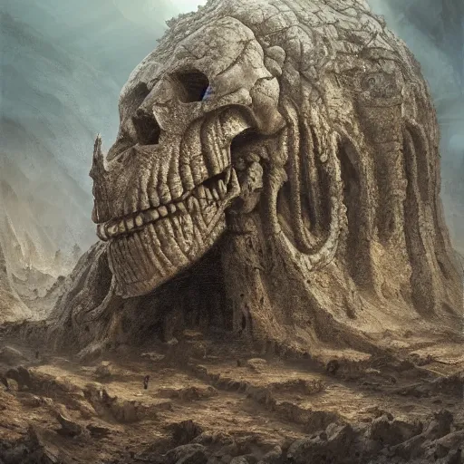 Prompt: crumbling skull of a colossal ancient beast laying in a dried ocean, by Andreas Rocha + Ted Nasmith, dark, epic, masterpiece, highly detailed, 8k resolution, trending on art station