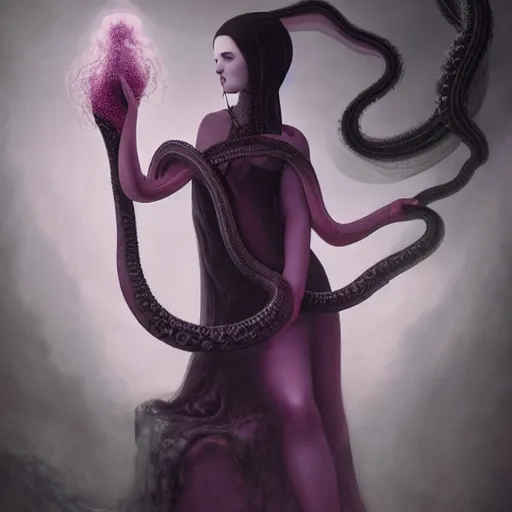 Prompt: by tom bagshaw, photorealistic body shot of a curiosities and absurdities in ultra deep fog, curvy full gothic long dress made of infinite tentacles, purple black lustrous thin haircut, symmetry accurate features, focus, very intricate ultrafine details, award winning masterpiece