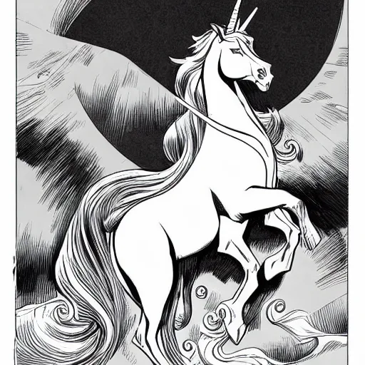 Image similar to clean simple line art of a beautiful elegant unicorn. white background. well composed, clean black and white line drawing, beautiful detailed face. illustration by steve ditko and jack kirby and greg rutkowski