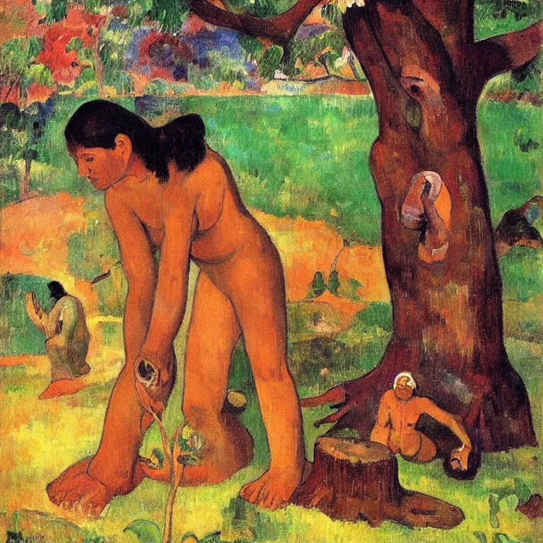 Prompt: Woman from Tahiti sculpting the god of love from a tree trunk. Painting by Gauguin