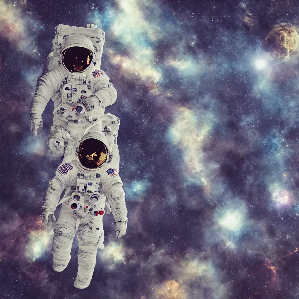 Image similar to astronaut suit, alone fly in deep dark cosmos around planets and asteroids, portrait watercolor dramatic lighting cinematic establishing shot extremely high detail foto