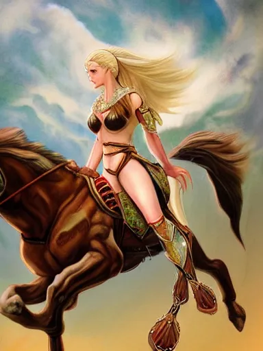 Image similar to painting of a white female elf warrior riding a horse, highly detailed painting, realistic, symmetrical, illustration, artstation, in the style of frank frazetta, ayami kojima