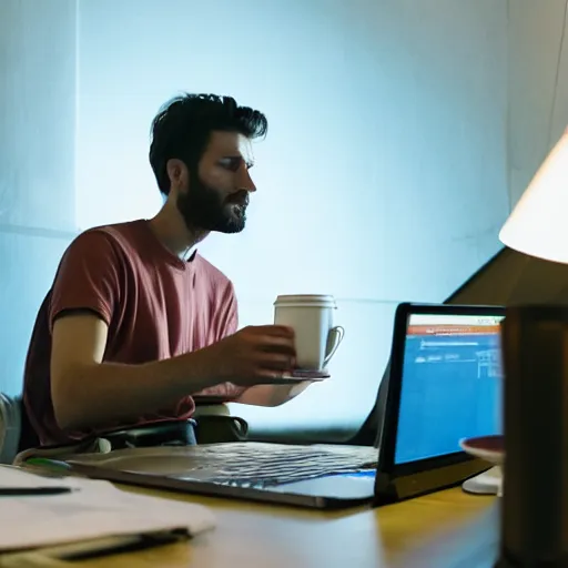 Prompt: Award-winning photograph of an software developer coding in a dimly light office with neon lights, coffee cups covering the floor, cinematic, 8k, ultra realistic