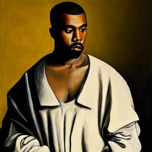 Prompt: a portrait painting of kanye west depicted as pablo picasso, portrait painting by caravaggio and rembrandt van rijn, shallow depth of field