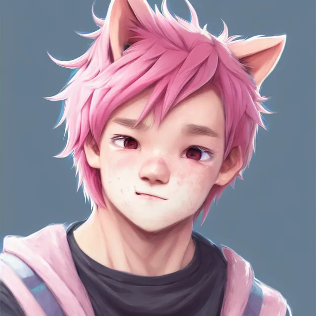 Image similar to character concept art of a cute boy with pink hair and pink wolf ears and freckles | | cute - fine - face, pretty face, key visual, realistic shaded perfect face, fine details by stanley artgerm lau, wlop, rossdraws, james jean, andrei riabovitchev, marc simonetti, and sakimichan, trending on artstation