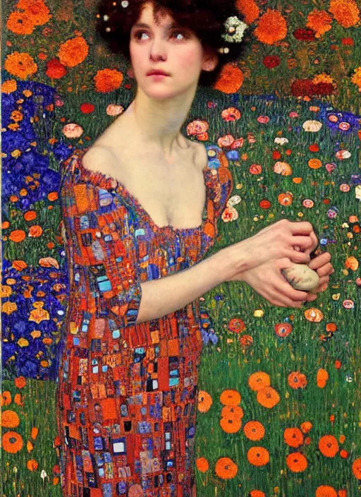 Prompt: a beautiful woman in a colorful dress surrounded by colorful patterns and flowers by gustave klimt and john william waterhouse and edgar maxence and michael whelan, artistic, intricate realistic fantasy, extremely detailed and beautiful face, 8 k resolution, dramatic lighting