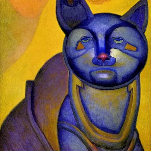Image similar to polychrome cat head sculpture, by annie swynnerton and diego rivera and nicholas roerich, symbolist, dramatic lighting, god rays, elaborate geometric ornament, art brut, rich colors, smooth sharp focus, extremely detailed, adolf wolfli