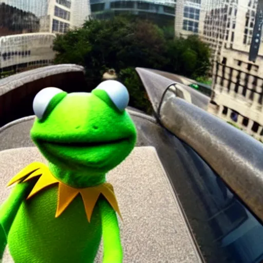 Prompt: kermit the frog accidentally takes a selfie while dropping his phone