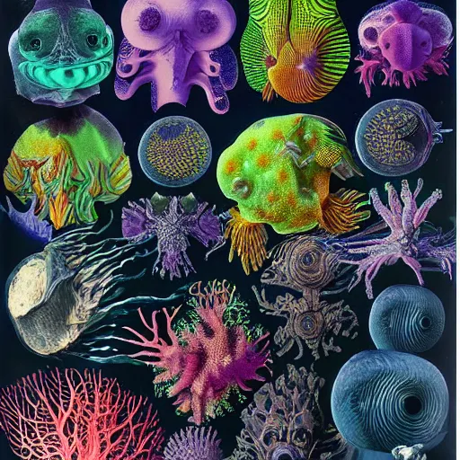Image similar to deep sea marine creatures in vivid colours as seen through a scanning electron microscope on a dark backgound by leopold blaschka and rudolf blaschka