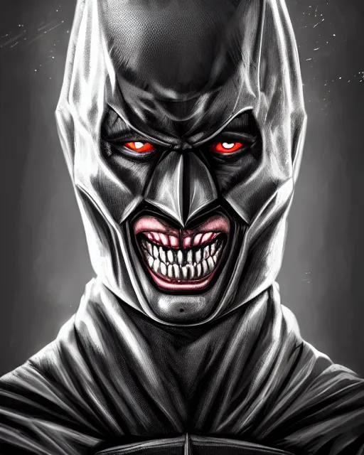 Image similar to portrait of evil psycho batman, ultra realistic, highly detailed, hd, sharp focus, cinematic lighting, realistic, photorealistic, vivid colors, dreary, morose, matt painting, digital art, non blurry, sharp, artstation, concept art, smooth, illustration