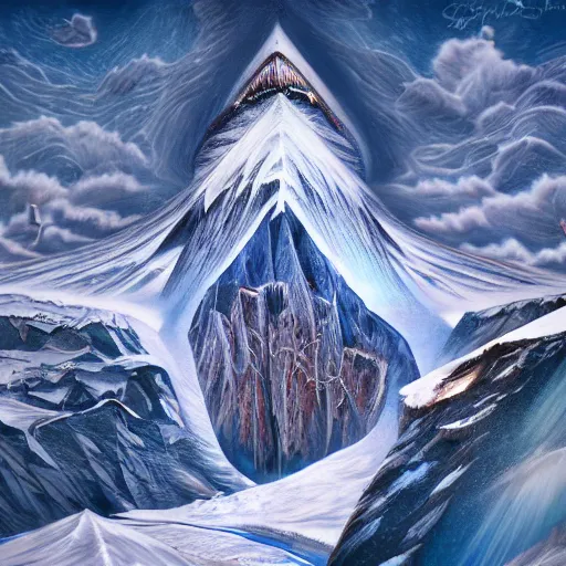 Image similar to mysteries of Antarctica glacial cult mountain god, realistic fantasy, oil painting, extremely high detail, photorealistic, cinematic lighting, oil painting, intricate line drawings, 4k resolution