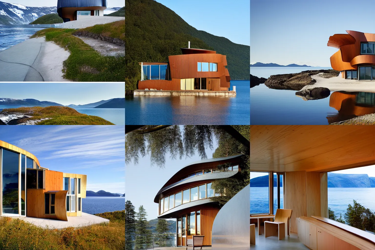 Prompt: modern norwegian fjord beach house designed by frank gehry, contemporary architecture, photography