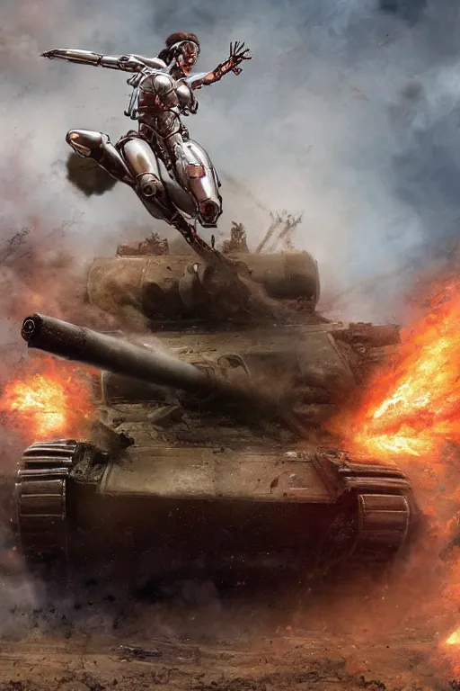 Prompt: a cyborg woman leaping onto a wwi tank and smashing it, on a battlefield, smoke, fires, explosions, in the style of noriyoshi ohrai, close - up, low angle, wide angle, cinematic, hyper - realistic, highly detailed digital art