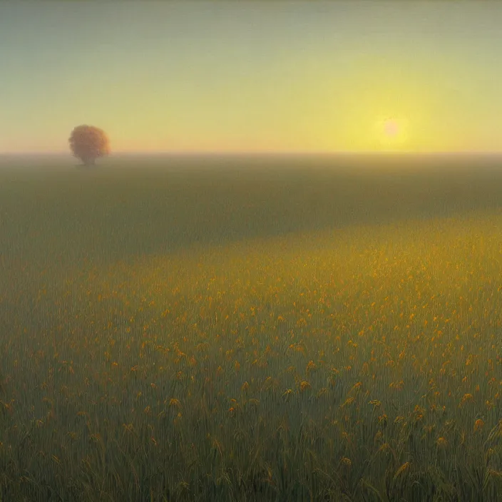 Image similar to a beautiful painting of a field of golden wheat by ivan aivazovsky, zdzisław beksinski, rene magritte, greg rutkowski, james gurney, in style of digital art. hyper detailed. octane render. maya. ray tracing. trending on artstation