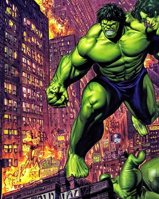 Prompt: a low angle perspective of the incredible hulk on a rampage in new york city by joe jusko. dramatic lighting. action and destruction.