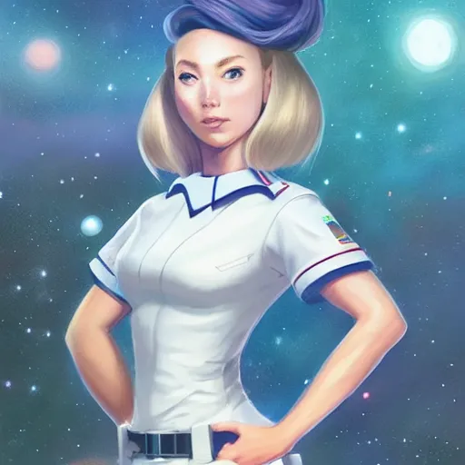 Prompt: epic portrait a space waitress with short sleeves and white uniform, long flowing hair, beauty, pretty face, glossy skin, glossy lips, fit, digital painting, artstation, concept art, soft light, hdri, smooth, sharp focus, illustration, fantasy, intricate, elegant, highly detailed, D&D, matte painting, in the style of Greg Rutkowski and Alphonse Mucha and artemisia, 8k, highly detailed, jurgens, rutkowski, bouguereau, pastoral, rustic, georgic