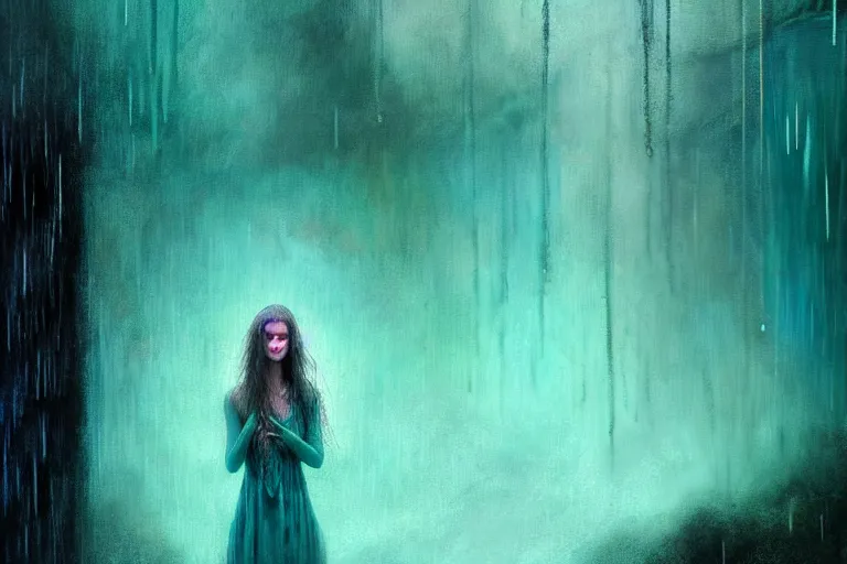 Image similar to girl in rain with wet hair and face, teal, fantasy, intricate, elegant, dramatic lighting, emotionally evoking symbolic metaphor, highly detailed, lifelike, photorealistic, digital painting, artstation, concept art, smooth, sharp focus, illustration, art by John Collier and Albert Aublet and Krenz Cushart and Artem Demura and Alphonse Mucha