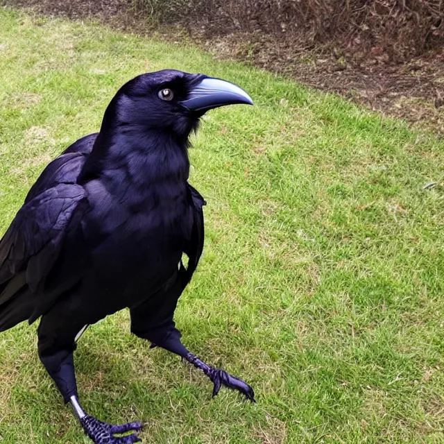 Image similar to a person wearing a fursuit of a crow fursona, fursona, photograph, furry fandom, photorealistic,