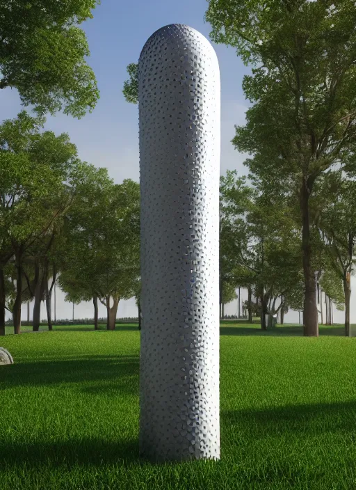 Image similar to highly detailed realistic architecture 3 d render of a futurisctic metallic stele made from balls standing in a city park, archdaily, made in unreal engine 4 octane render