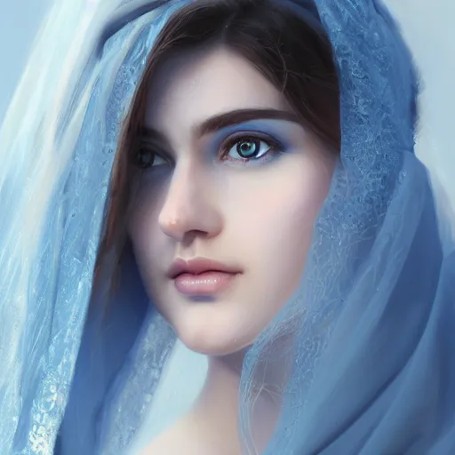 Prompt: ameera al taweel, bright blue eyes, long wavy white hair, white veil, front closeup, highly detailed, centered, oil painting, artstation, concept art by WLOP