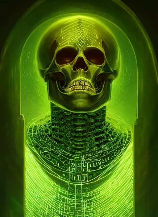 Image similar to portrait of a cyber skeleton, writing ancient evil runes with glowing green ink in a grand ancient book, intricate, elegant, glowing lights, highly detailed, digital painting, artstation, concept art, smooth, sharp focus, illustration, art by wlop, mars ravelo and greg rutkowski