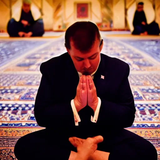 Image similar to Trump praying in mosque, award winning cinematic photography, 50 mm, blurred background, perfect faces