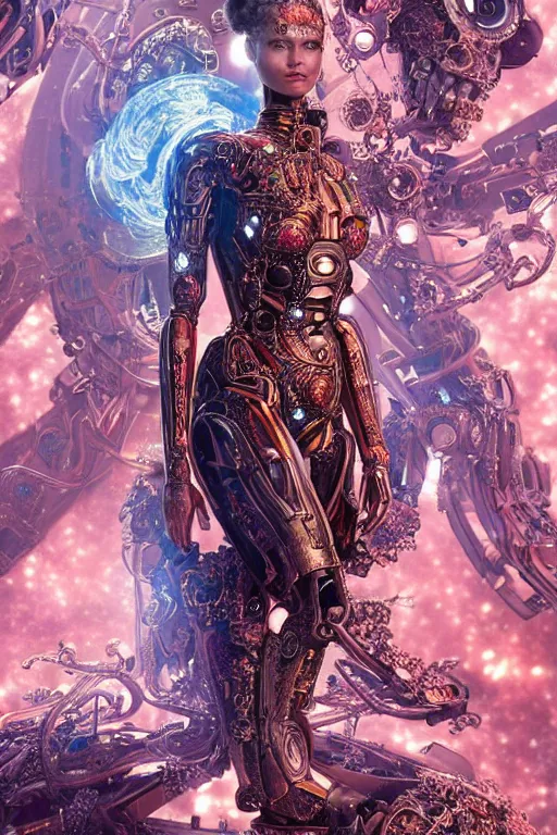 Prompt: a beautiful mechanized feminine android goddess of the quantum realm, westworld, photorealistic, magical, enchanted, intricate detail, elaborate machinery, clockwork, torn tapestry, swirling smoke, ember particles, regal design, royal relief